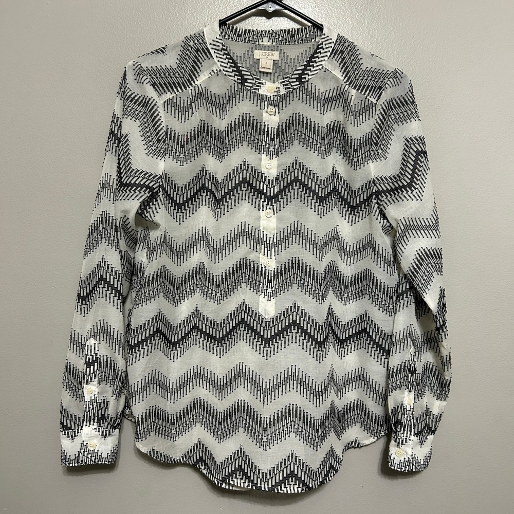 J.Crew Popover Blouse S Black White Chevron Long Sleeve Monochrome Luxury Preppy
